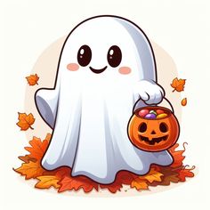 a cartoon ghost with a pumpkin in it's hand