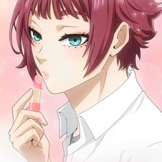 an anime character with pink hair and blue eyes holding a lipstick in one hand while looking at the camera