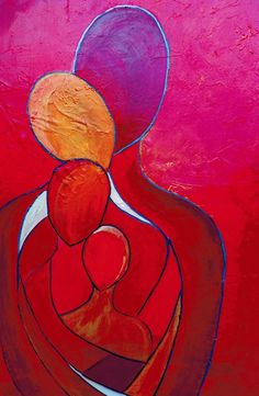 an abstract painting of a mother and child holding each other's hands in front of a red background