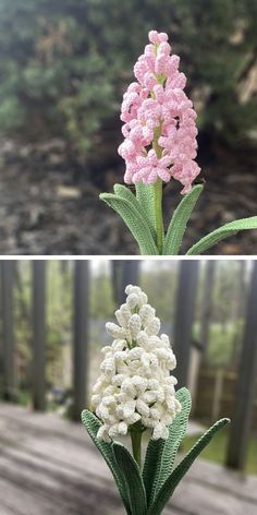 two different pictures of flowers in vases on the ground and one has pink and white flowers