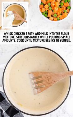 ingredients to make chicken broth and milk in a saucepan with wooden spoons