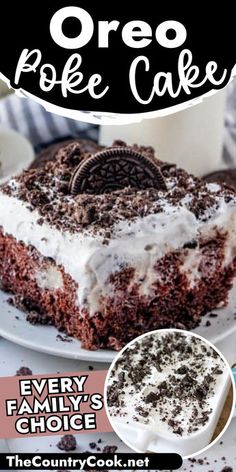 an advertisement for oreo poke cake on a plate