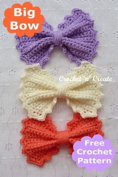 three crocheted bows with the words big bow on them in white, orange and purple