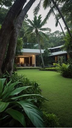 the house is surrounded by lush vegetation and palm trees