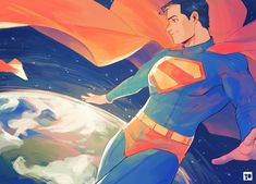 a man in a superman suit flying over the earth with an orange cape on his head