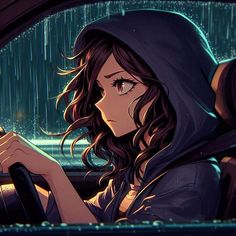 a woman driving in the rain with an umbrella over her head and hood up on