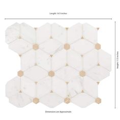 the white and gold hexagonal marble tile is shown with measurements for each piece