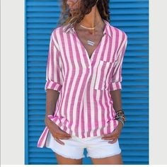 Casual Mid Sleeve Blouse With Large Stripes Striped V-neck Shirt For Summer, Striped V-neck Blouse For Summer, Striped V-neck Blouse For Vacation, White Shirt For Spring Vacation, Trendy V-neck Shirt For Vacation, White Shirt For Vacation In Spring, White V-neck Chic Shirt, Elegant V-neck Beach Shirt, Spring Striped V-neck Shirt