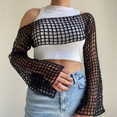 Trendy Open Knit Mesh Top For Summer, Black Mesh Y2k Tops, Black Mesh Top Y2k Style For Spring, Black Y2k Mesh Top For Spring, Black Mesh Y2k Top For Spring, Y2k Style Black Mesh Top For Summer, Y2k Black Mesh Top For Summer, Black Y2k Mesh Top For Summer, Black Mesh Sleeves Crop Top For Spring