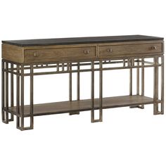 a wooden and metal console table with two drawers on one side, black marble top