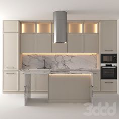 a modern kitchen with marble counter tops and white cabinets