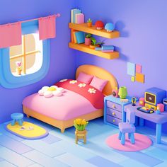 a cartoon bedroom with blue walls and pink furniture