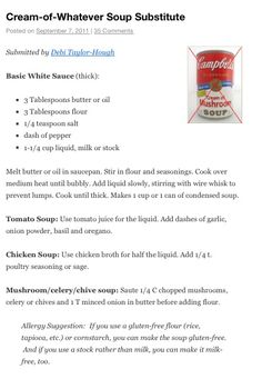 the recipe for cream - of - whatever soup subs is shown in this image