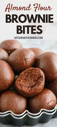 chocolate muffins in a bowl with text overlay that reads almond flour brownie bites