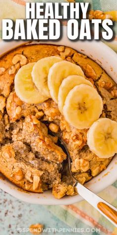 healthy baked oats with bananas and walnuts in a bowl