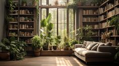 a living room filled with lots of plants next to a large window covered in bookshelves