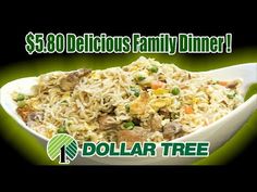 a white bowl filled with rice and meat on top of a green sign that reads $ 50 delicious family dinner dollar tree