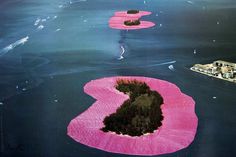 an island is floating in the middle of the ocean surrounded by smaller islands with trees on them