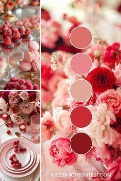 the table is set with pink and red flowers, cupcakes and desserts