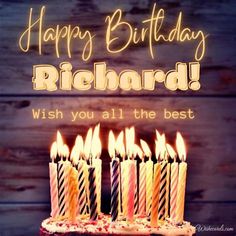 a birthday cake with lit candles on it that says, happy birthday richard wish you all the best