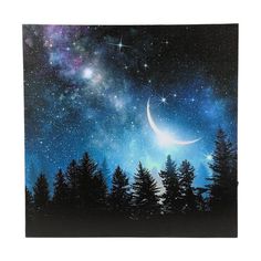 the night sky with stars and trees painted on it