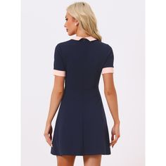 This cute dress is elegant and versatile and is easy to go on many occasions. The color block, a contrast collar, an A-line dress, and a pearl button make the dress more attractive. Team it with black heels and a mini bag to complete the look. Occasion: Office, Party, Cocktail, Club, Shopping, Coffee Shop, Weekend Gathering, Dating, Daily Wear or Formal Wear, etc. Elegant Mini Dress With Contrast Trim, Preppy Fitted Dresses For Work, Preppy Mini Dress For Work, Workwear Dress With Peter Pan Collar And Buttons, Contrast Collar Shirt, Dress Dark Blue, Maxi Bodycon Dress, Collared Shirt Dress, Ballet Dress