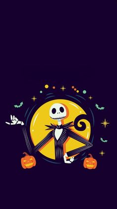 a cartoon skeleton sitting on top of pumpkins in front of a full moon with bats