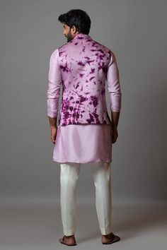 Shop for Paarsh Pink Linen Satin Cast A Shadow Tie Dye Bundi Kurta Set for Men Online at Aza Fashions Fitted Silk Purple Kurta, Fitted Silk Nehru Jacket For Transitional Season, Fitted Purple Kurta For Summer, Fitted Purple Kurta For Spring, Fitted Purple Summer Kurta, Spring Fitted Purple Kurta, Spring Silk Fitted Kurta, Fitted Pink Nehru Jacket For Transitional Season, Pink Fitted Nehru Jacket For Transitional Season