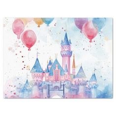 a watercolor painting of a castle with balloons flying over it and the words disney written on