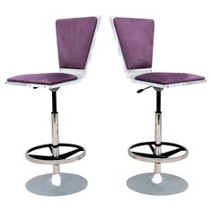 two purple and white barstools with wheels on each one side, against a white background