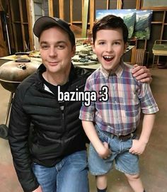 a man and boy posing for the camera with words bazinga 3 in front of them