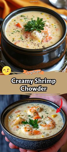 creamy shrimp chowder recipe in a black bowl with text overlay that says creamy shrimp chowder