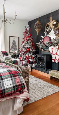 a bedroom decorated for christmas with red and white decorations