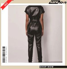 Autumn Black Leather Short Sleeve Zipper Jumpsuit with Belt Black Jumpsuits And Rompers For Office In Fall, Black Jumpsuit With Zipper For Night Out, Black Jumpsuit For Night Out With Zipper, Black Jumpsuit For Night Out, Jumpsuit With Belt, Zipper Jumpsuit, Black Leather Shorts, Leather Short, Leather Shorts