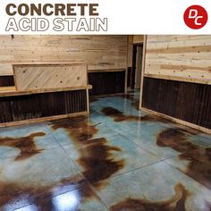 an advertisement for concrete acid stain with brown spots on the floor and wooden cabinets in the background