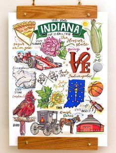 an indiana poster hanging on a wall next to a clipboard with the word love written in it