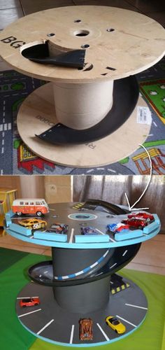 this is an image of a table made out of wood and plastic material with cars on it