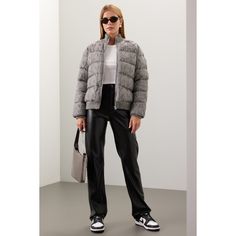 Gray knit (50% Rayon, 28% Polyester, 21% Nylon, 1% Spandex). Puffer. Long sleeves. High neck. Front zipper closure. 24" from shoulder to hemline. Imported. Central Park West, Ski Season, Rent The Runway, Closet Designs, Puffer Coat, Central Park, Front Zipper, High Neck, Jackets & Coats