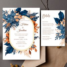 two wedding cards with blue and orange flowers on them