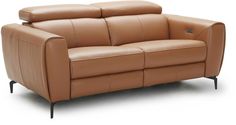 a brown leather couch sitting on top of a white floor