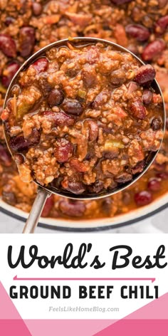 A hearty bowl of ground beef chili with beans, perfect as the best easy chili recipe for fall, gluten-free, thick, and traditional, great for quick stovetop cooking or winning an award at a chili cook-off, ideal for a crowd or family dinner with the title “World's Best Ground Beef Chili" My Best Chili, Crockpot Recipes Chili Beef, Bbq Chili Recipe Crockpot, Best Chili Recipe Award Winning Easy, Taste Of Home Chili Recipes, Chili Recipe Easy Crockpot Ground Beef, Chili With Beef And Sausage, Basic Chili Recipe Simple, Chili With Beer Recipe