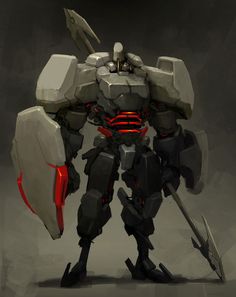 an animated robot standing in front of a gray background with red accents and two large blades