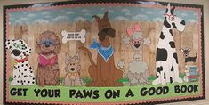 a bulletin board with pictures of dogs on it