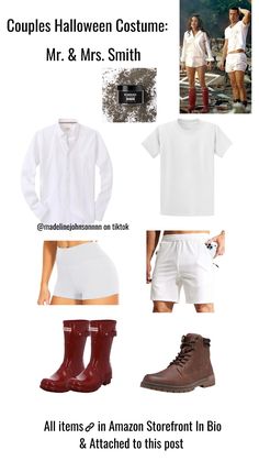 two men in white shirts, shorts and boots with text that reads couples halloween costume mr & mrs smith