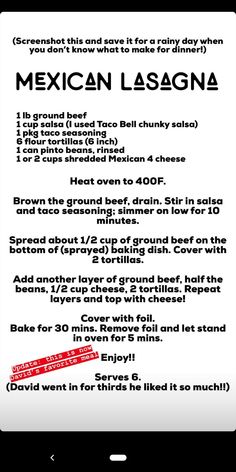 the mexican lasagna menu is shown on an iphone screen with red marker in it