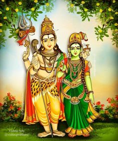 two deities standing next to each other in front of trees and flowers, with the words happy