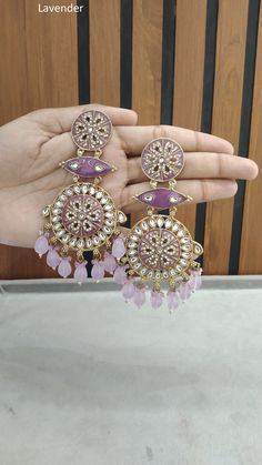 *Light Weighted Gold earrings. *Lavender, Multicolor, Sea green, White Earrings length - 4.4 inches (included drops) Earring width - 1.6 inches *Green, Enamel white, Rani, Maroon Earrings length - 4 inches (included drops) Earring width - 1.9 inches Kundan Earrings With Zari Work, Round Kundan Earrings With Zari Work, Diwali Wedding Earrings With Zari Work, Zari Work Earrings For Wedding And Diwali, Zari Work Earrings For Diwali Wedding, Bridal Earrings With Gota Work For Wedding, Meenakari Drop Bridal Earrings For Wedding, Festive Purple Kundan Earrings, Traditional Kundan Purple Earrings