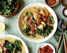 three bowls filled with soup on top of a table