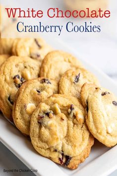 white chocolate cranberry cookies on a plate with text overlay that reads, white chocolate cranberry cookies