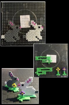 three different pictures of the same object made out of legos and plastic beads, one is